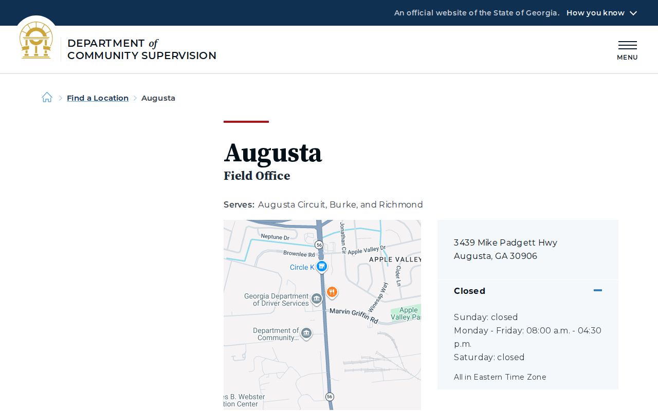 Richmond County parole and probation DCS Augusta Field Office page
