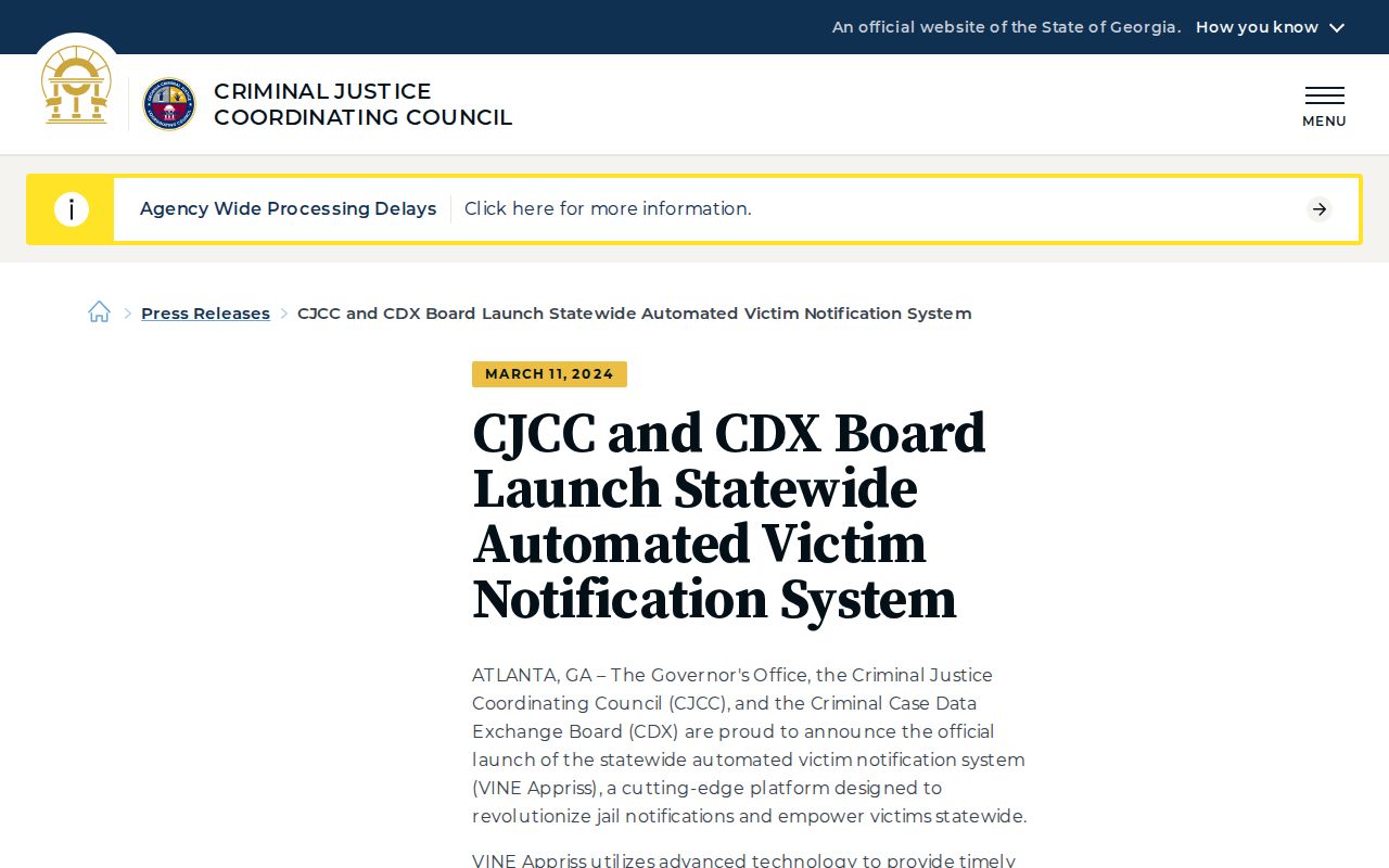Georgia CJCC statewide automated victim notification announcement
