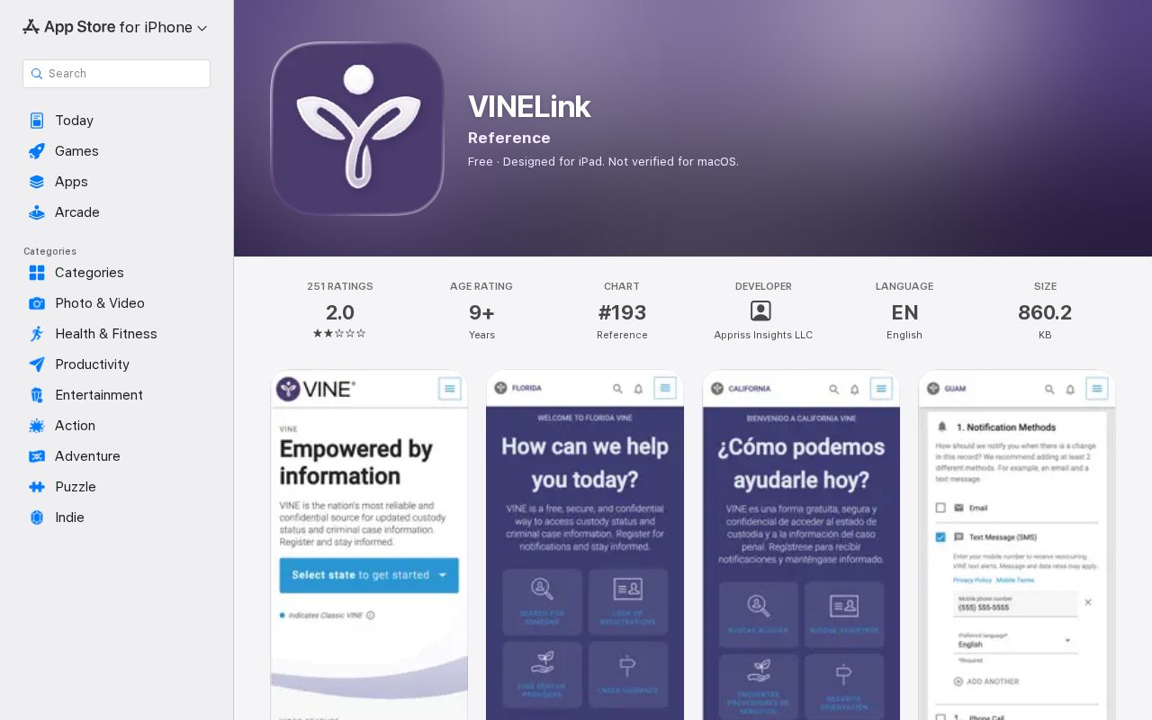 VINELink mobile app listing with custody notification features